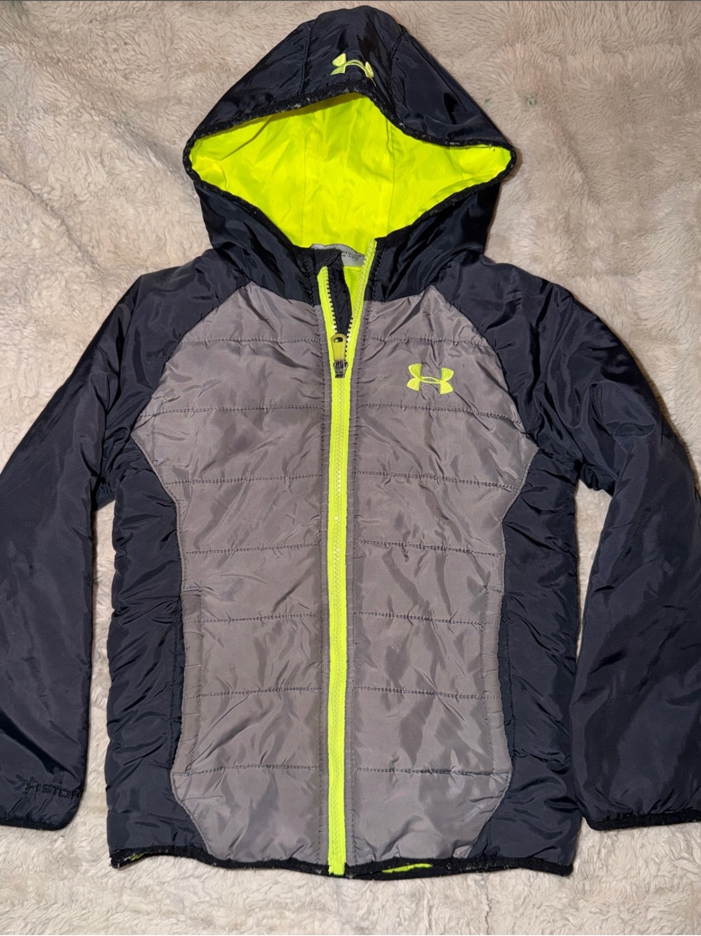 Under Armour Kids Hooded Puffer Jacket in Black, Gray & Neon Yellow
